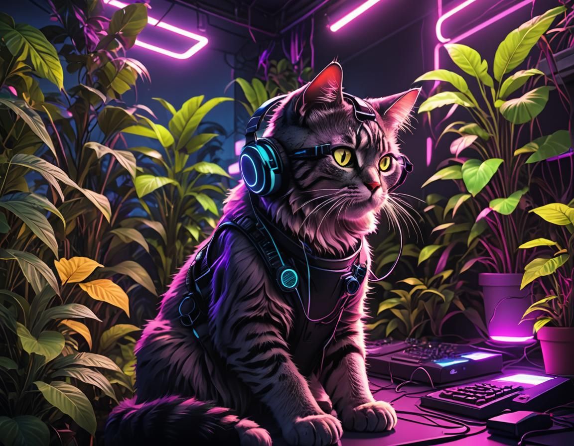 Gamer Cat in Neon Futuristic Room