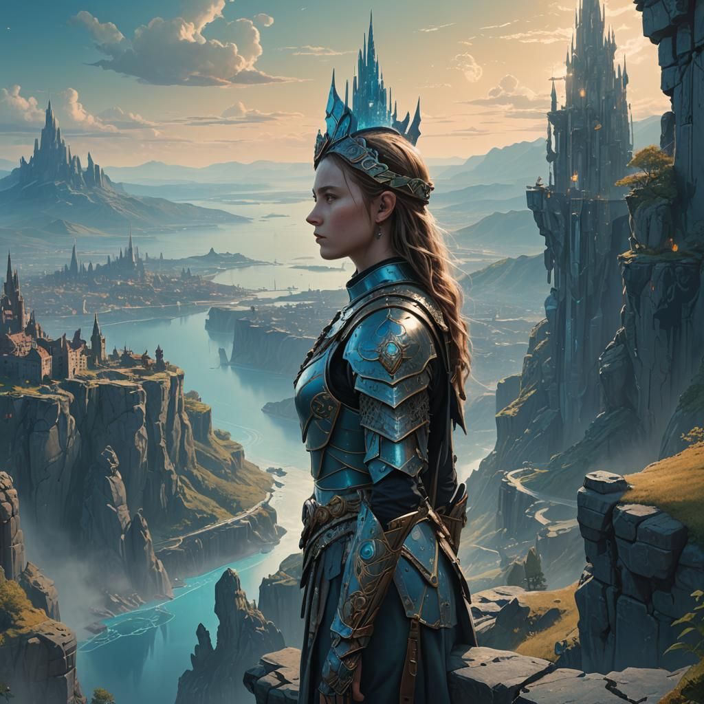 Mystical Armor Woman Overlooking Ancient City