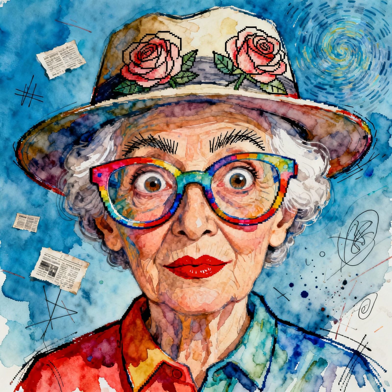Elderly Woman with Funky Glasses in Scratchy Line Art Style