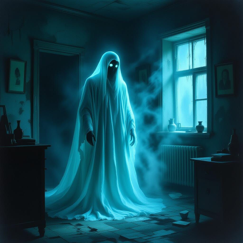 Ethereal Ghost Figure in Dark Investigation Room