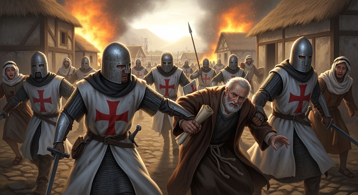 Crusaders Attack Village: Hyperrealistic Digital Art
