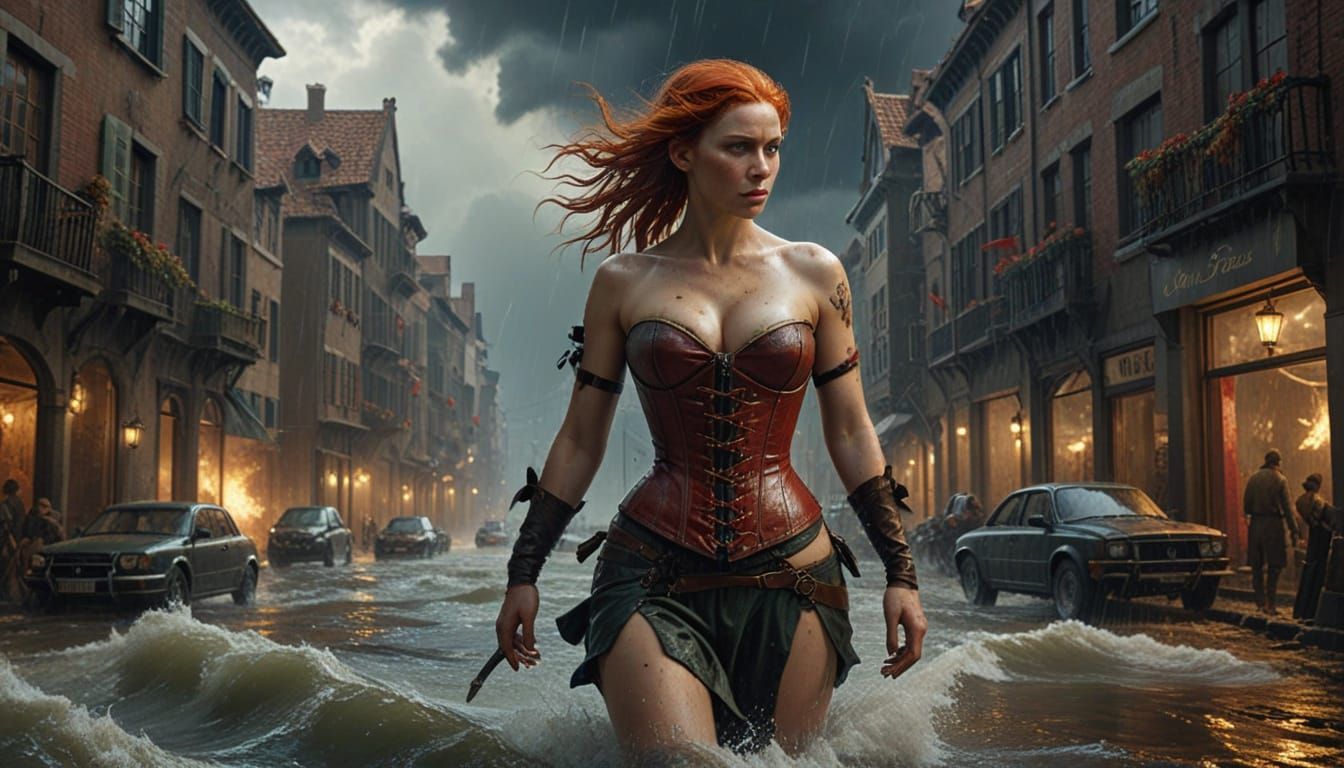 Renaissance Pin-Up Woman in Flood-Engulfed Cityscape