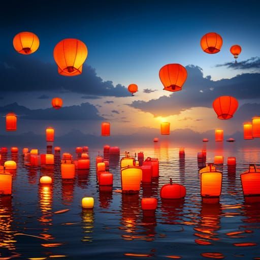 Floating Lanterns Over Illuminated Thai Beach