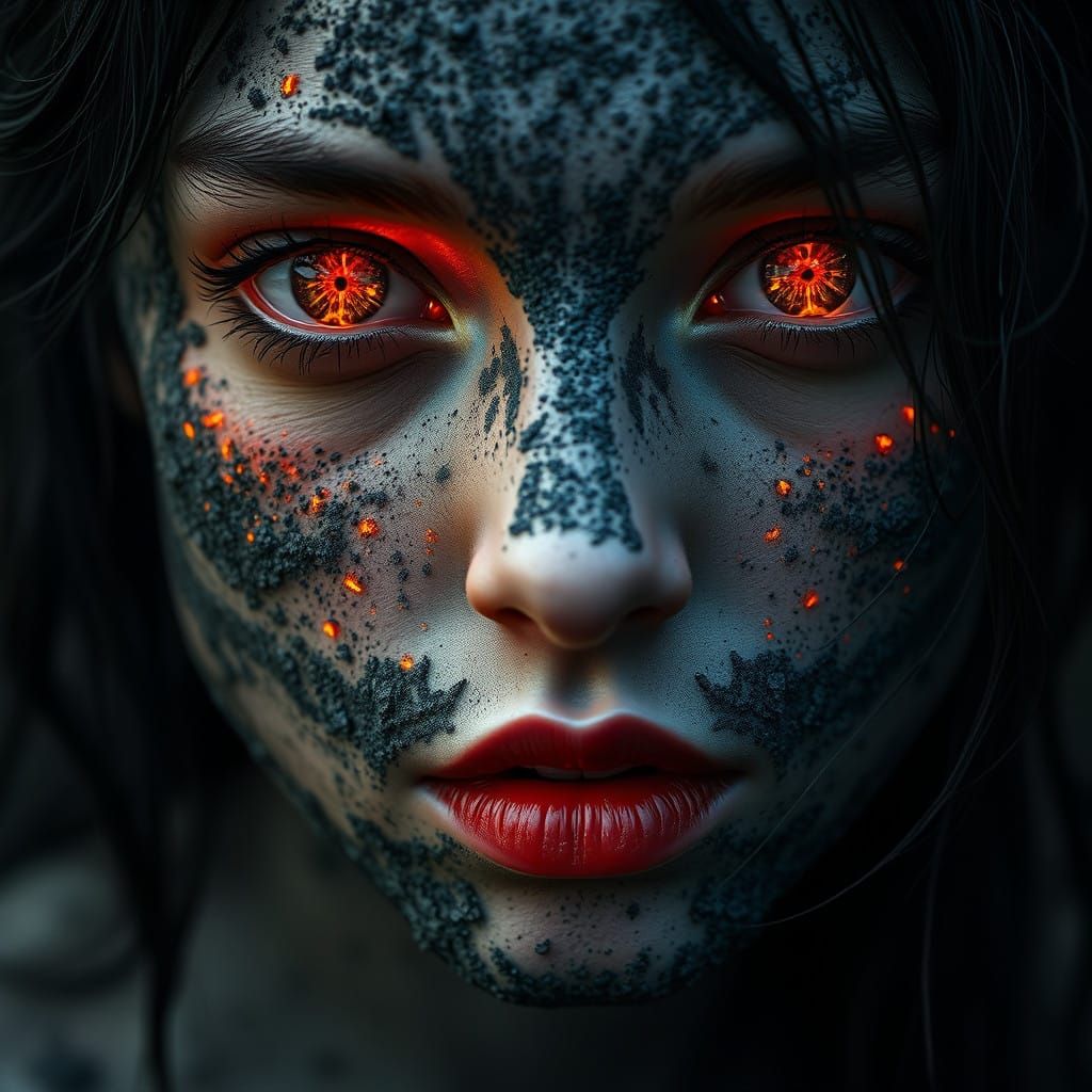 Girl's Face Adorned with Dark Ash and Glowing Embers in a Su...