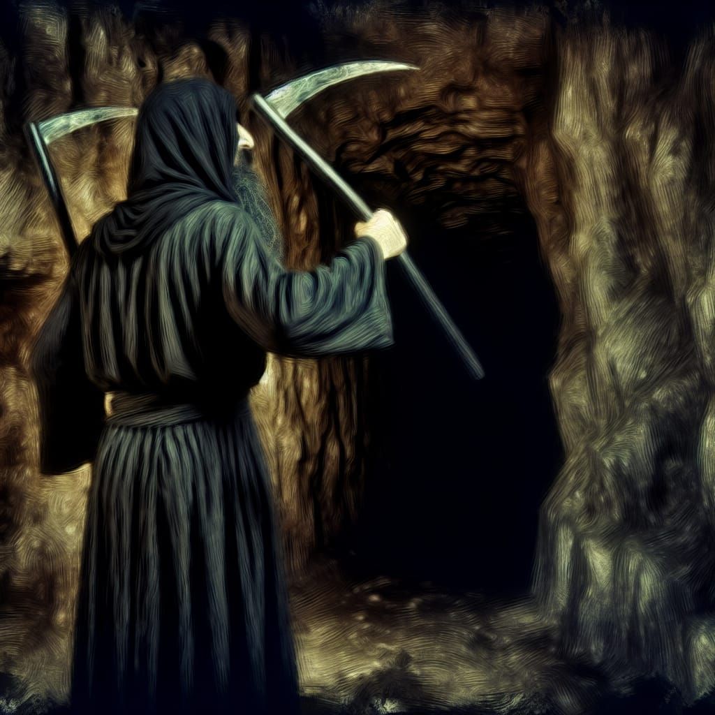 Macabre Cultist at Cavern Entrance as Oil Painting