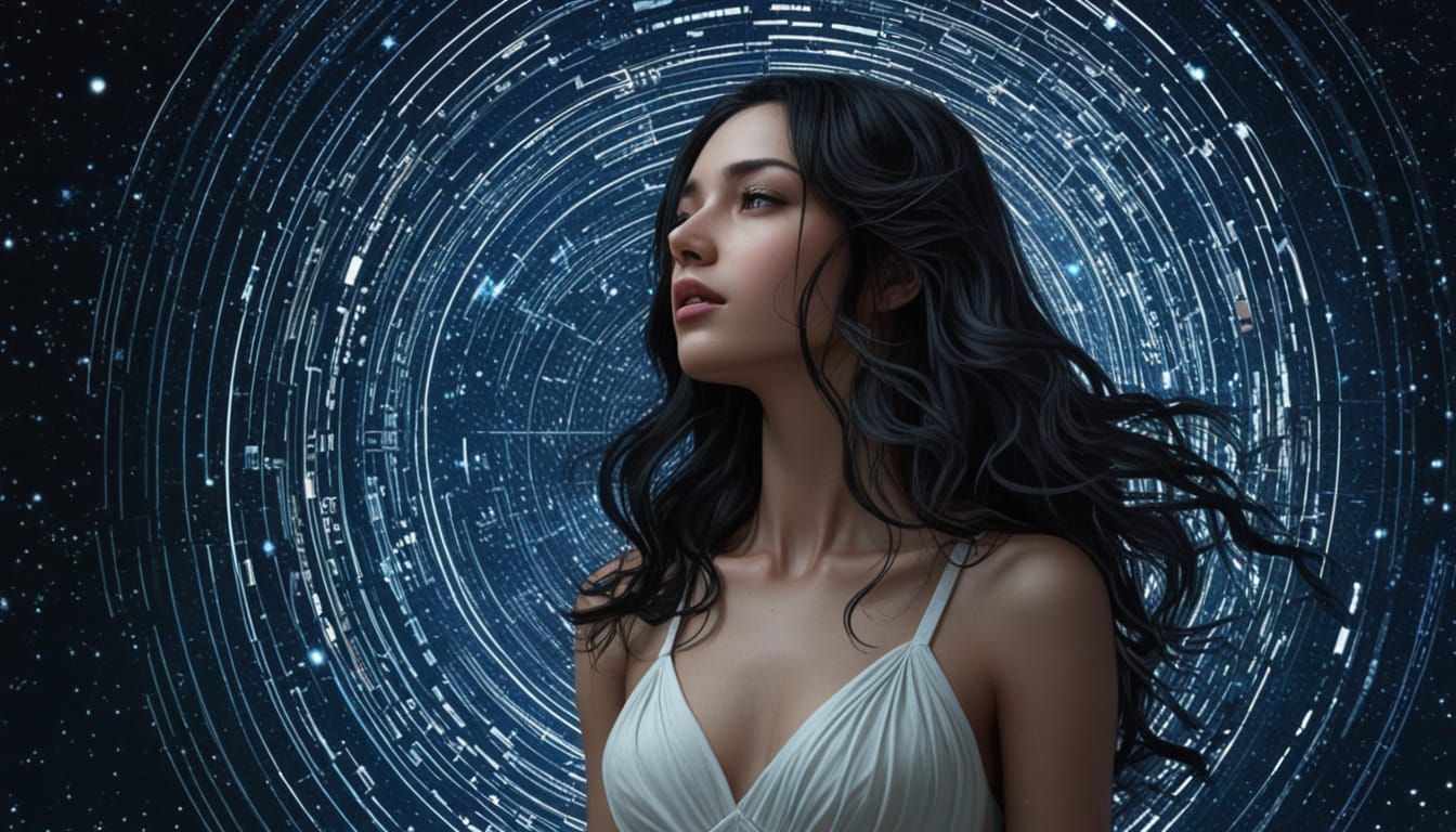 Ethereal Woman Dissolving into Cosmic Code in Art Nouveau St...