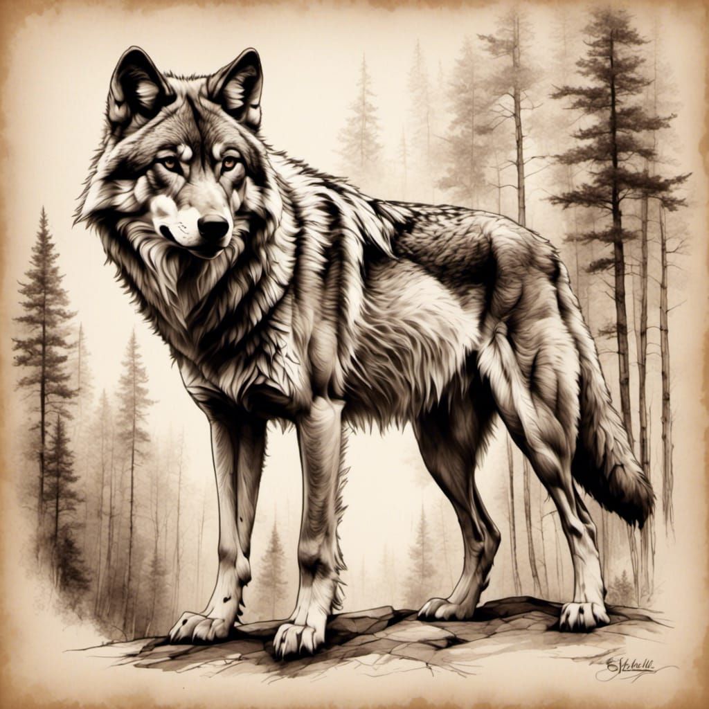 Parchment Sketch of a Wolf with Crosshatch Details