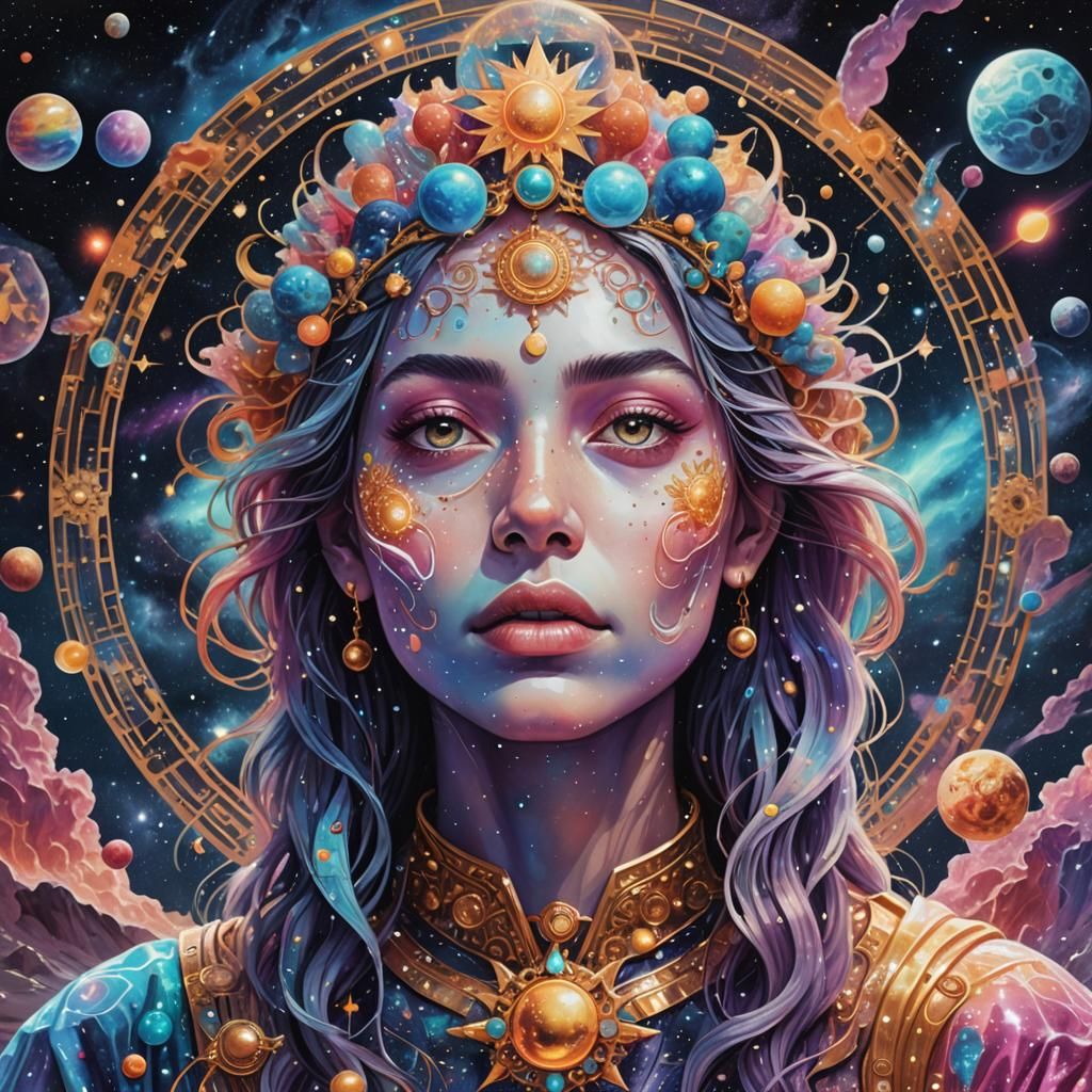 Holographic Cosmic Woman Illustration in Mixed Media