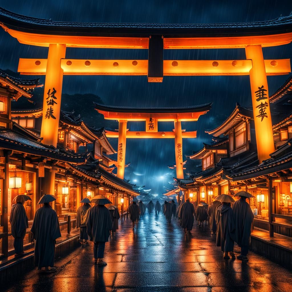 Miyajima Night Festival in Rain: Hyperrealistic HDR