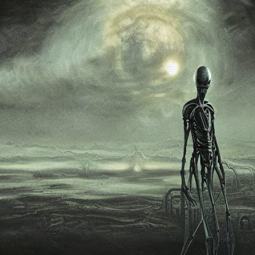 Alien Being Contemplates Cosmic Void in Surreal Digital Pain...