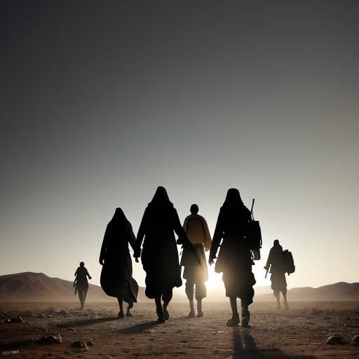 Refugees in War-Torn Landscape: Cinematic Photo