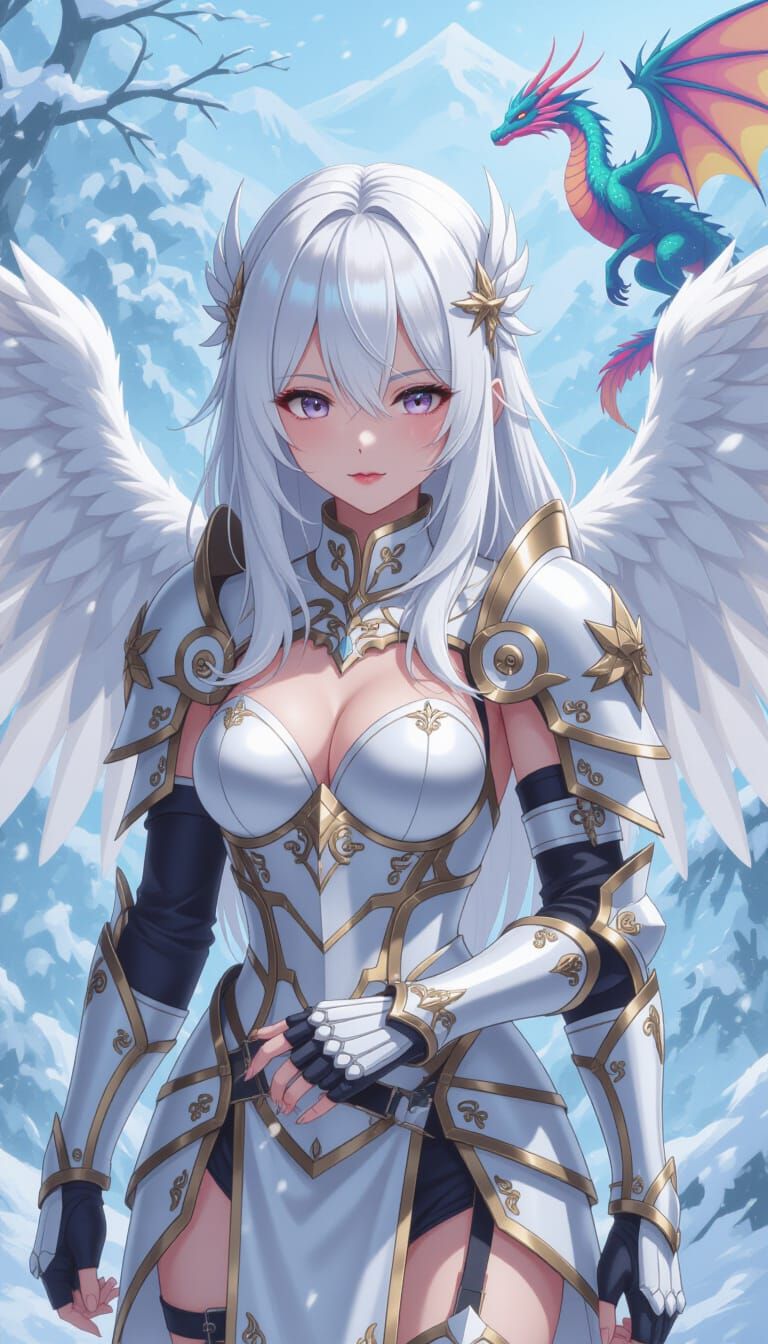 Anime Girl Warrior with Dragon Wings in Snowy Jungle