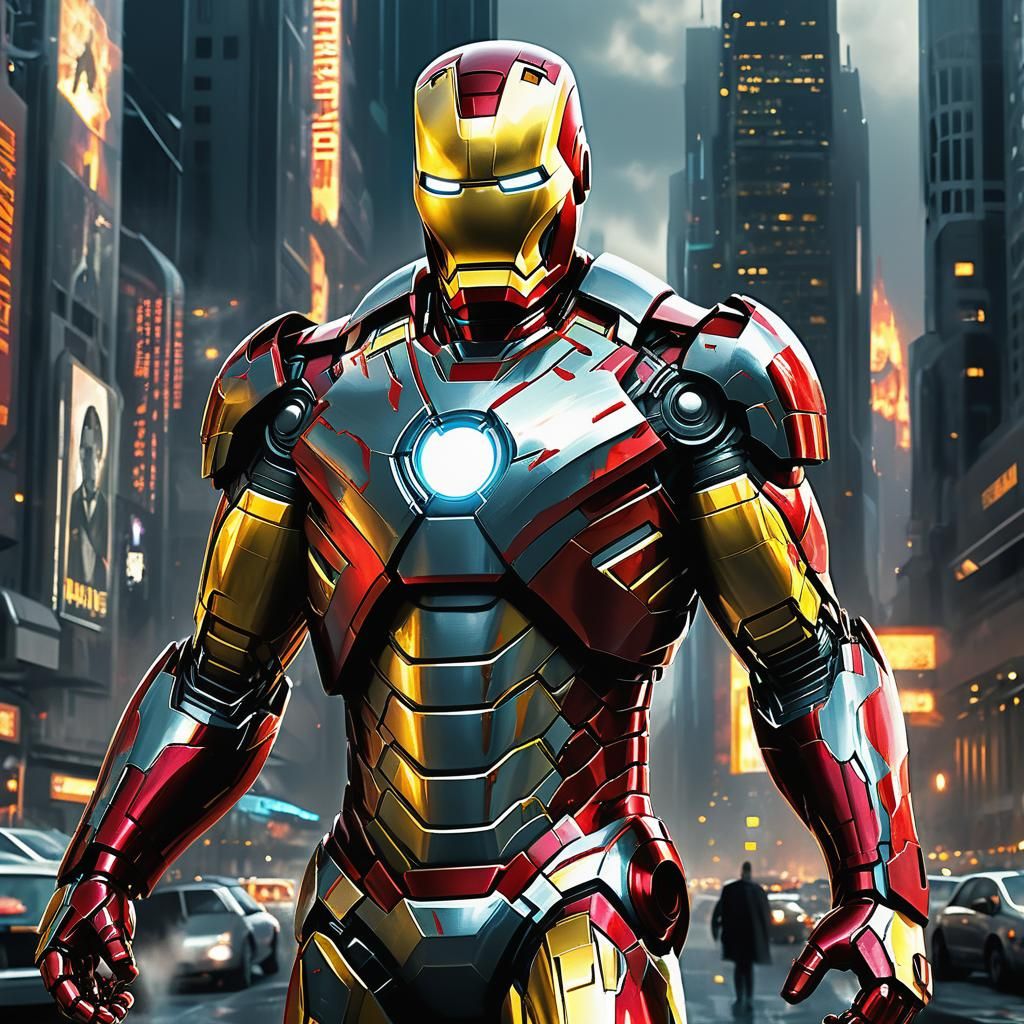 Iron Man in Alex Ross Style in Futuristic City