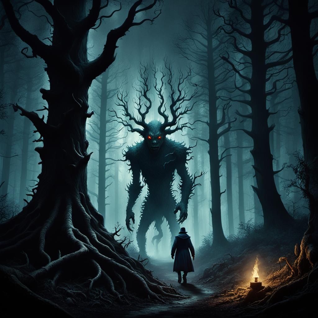 Grotesque Creature Follows Lone Figure in Dark Forest
