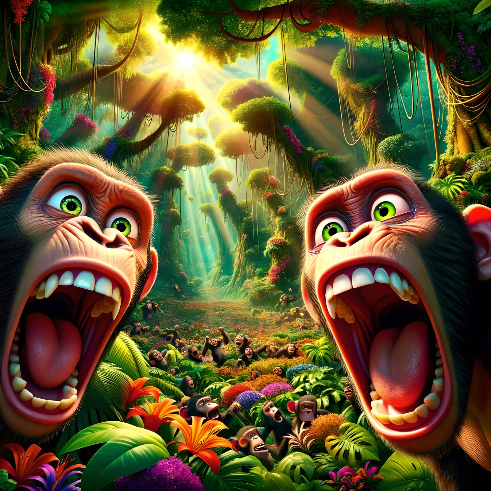 Cartoon Apes' Anguish in Tropical Jungle