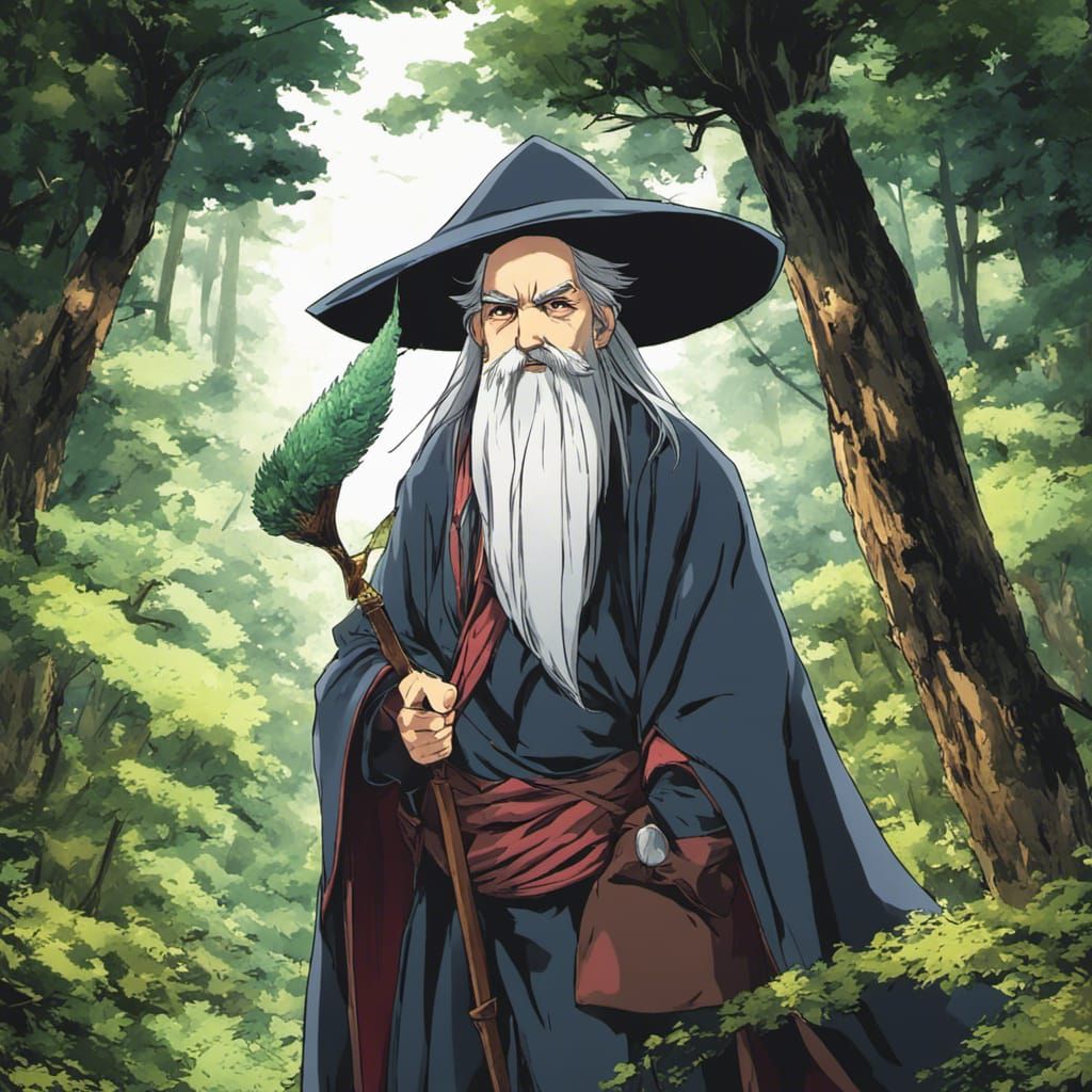 Anime Style Old Mage Walking in Forest
