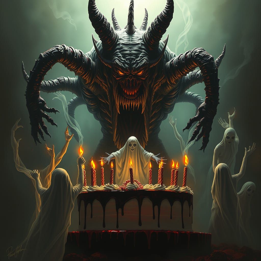 Monstrous Birthday Cake with Dancing Ghosts in Dark Fantasy ...