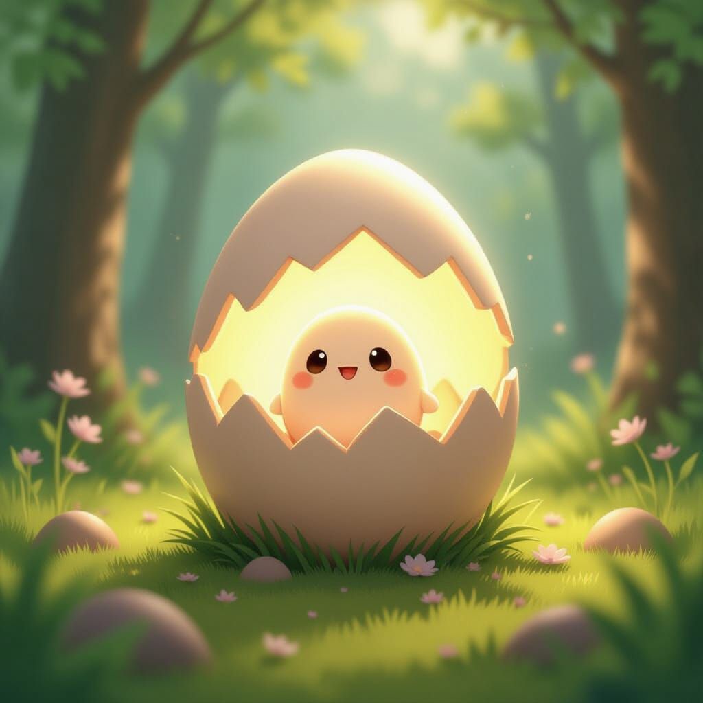 Cute Hatching Egg in Forest, Genshin Impact Style