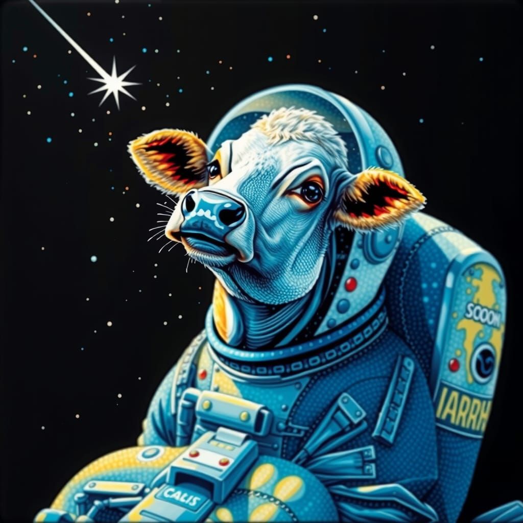 Astronaut Cow on Moon in Pointillism Style