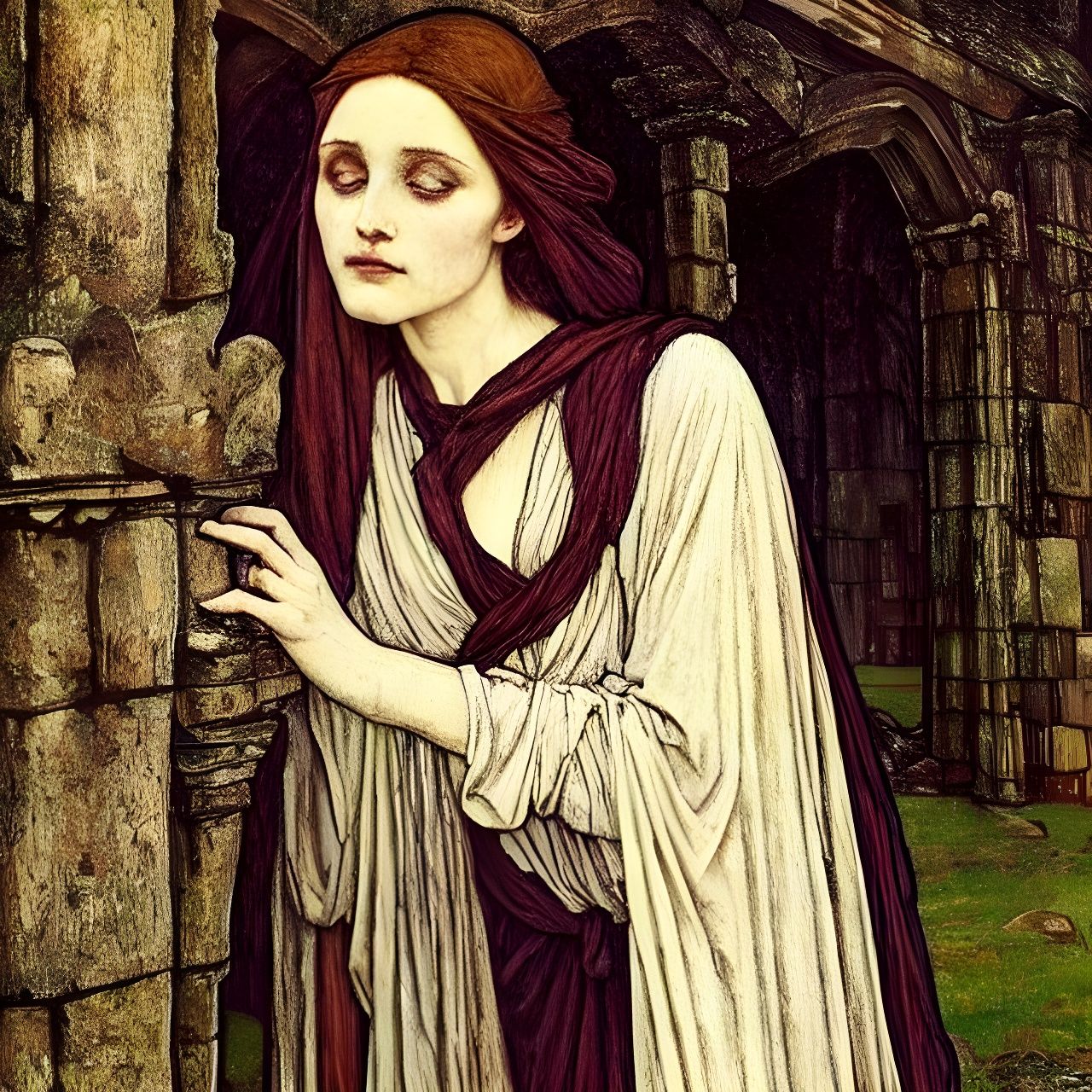 Woman Haunting Irish Ruins in Art Nouveau Style