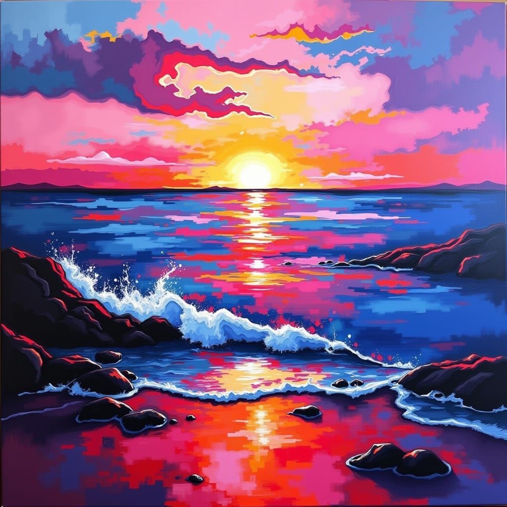 <lora:Modern Absrakt:1.0> Abstract sunlight coastline hues of red,  pink's purples, blues,