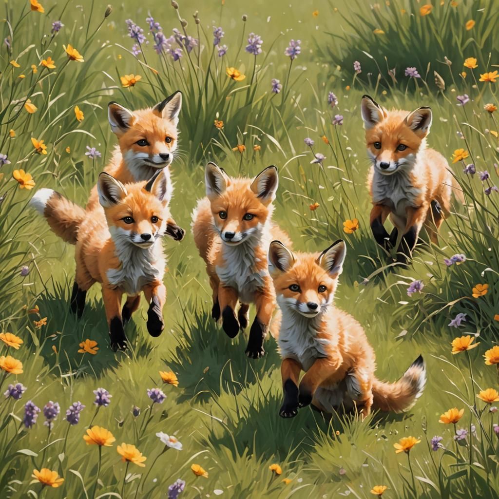 Fox Pups in Sunny Meadow: Whimsical Scene