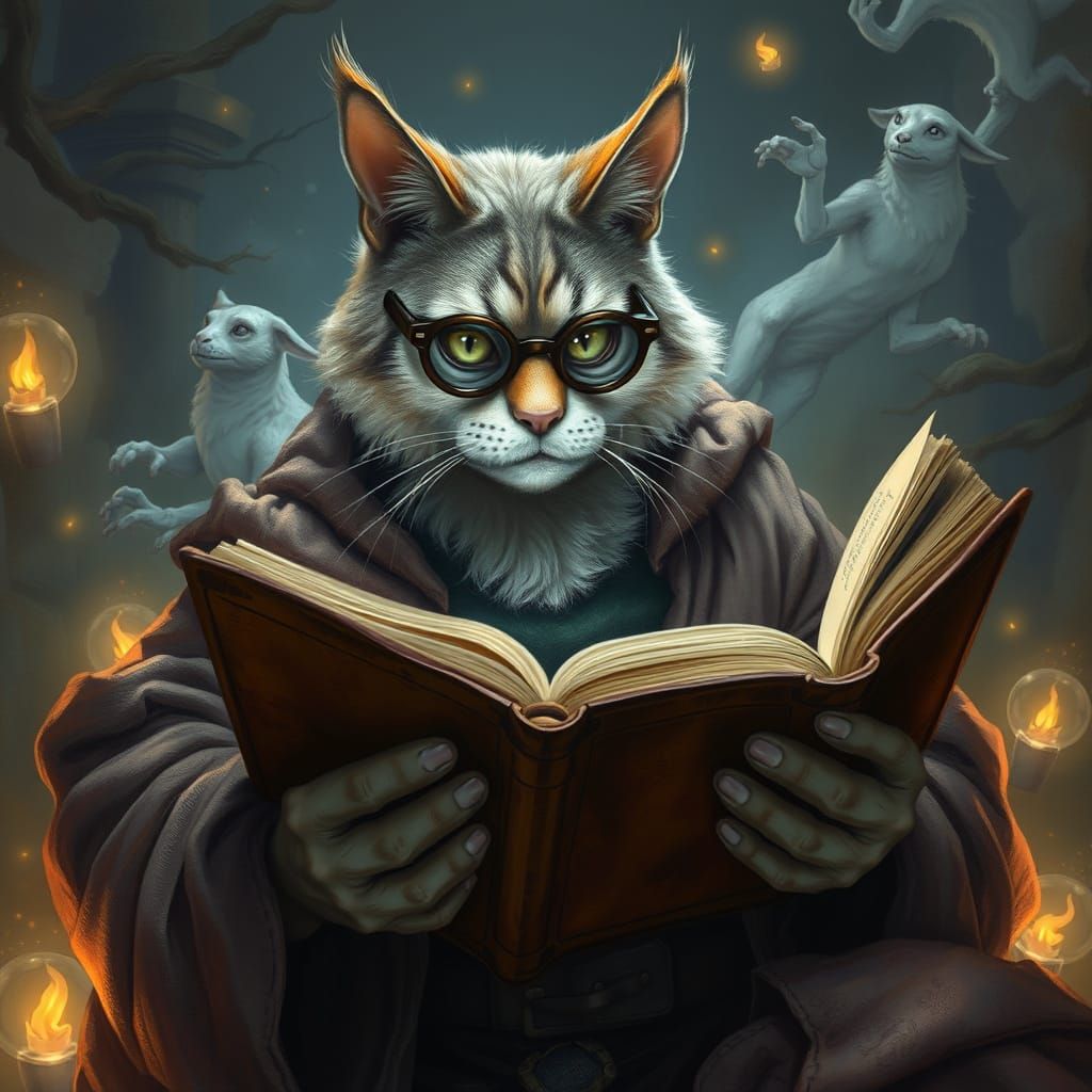 Feline Wizard Reading Magic Tome
