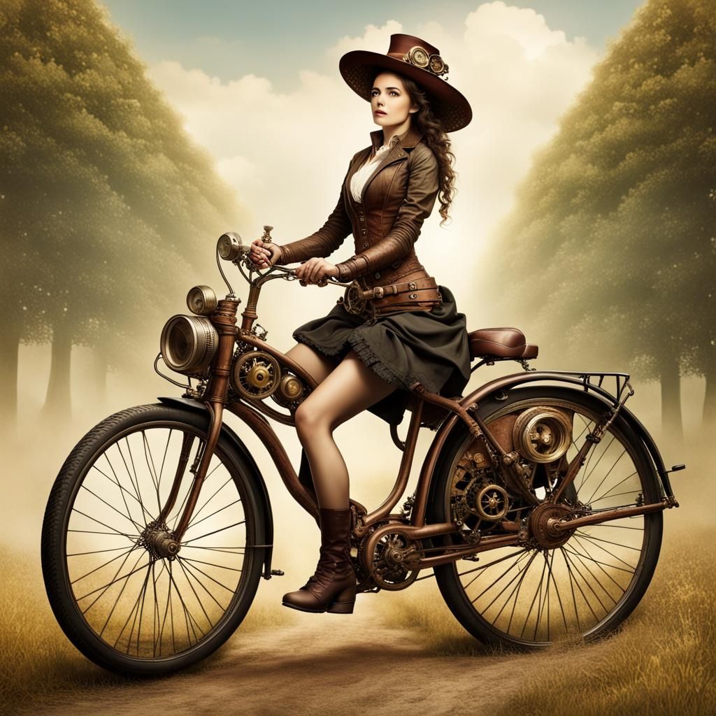Steampunk Woman Cycling Through Countryside