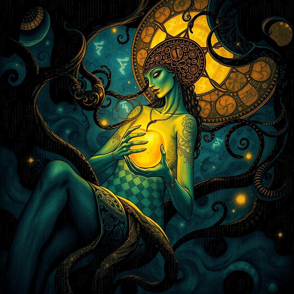 Ink-drenched, binary cipher-like tendrils seep through the subconscious, unveiling an otherworldly dreamscape where an e...