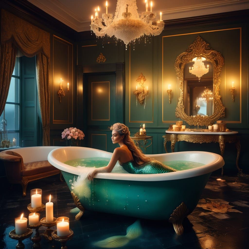 Mermaid in Hotel Bathtub Fantasy Illustration