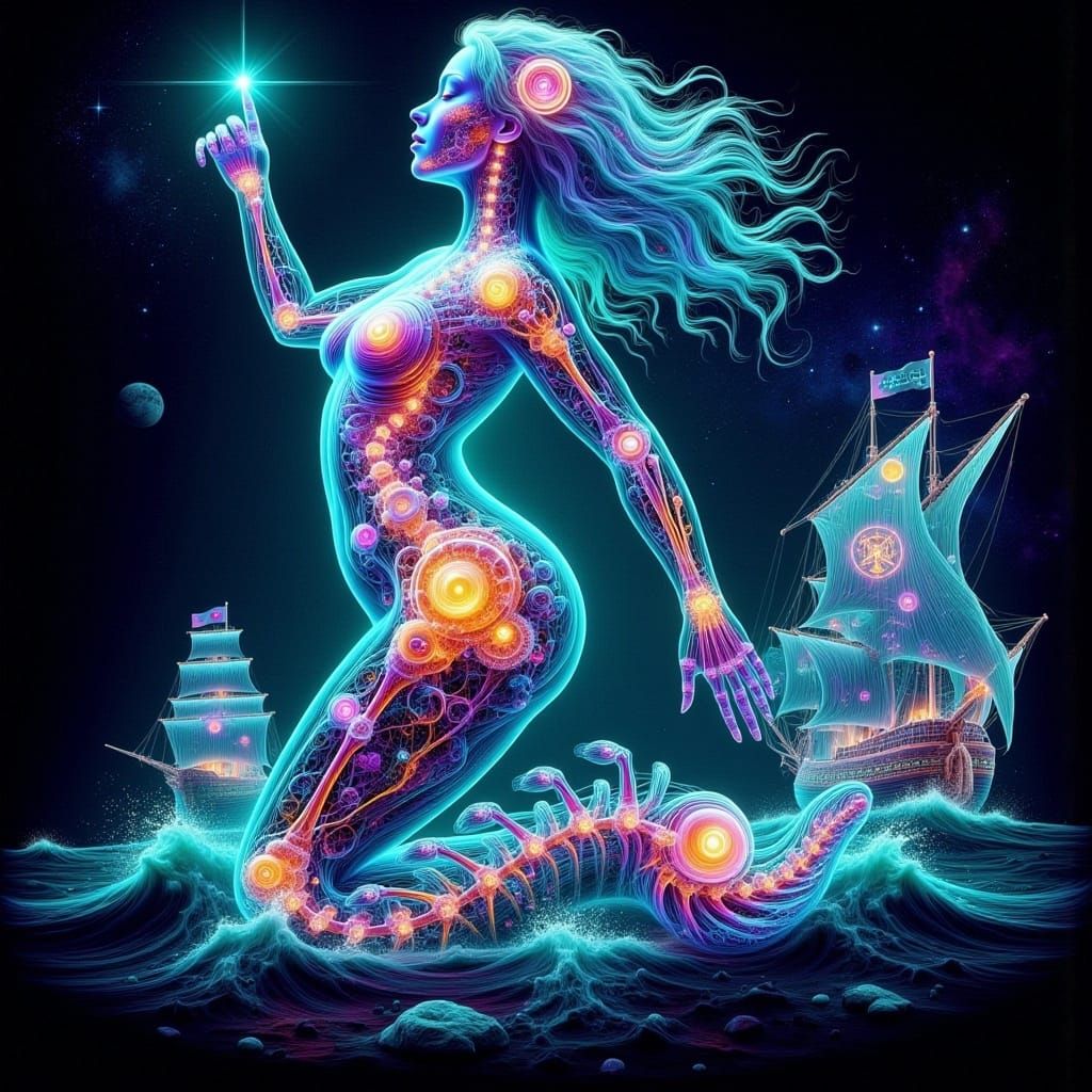 Celestial Mermaid Guiding Star: X-Ray Digital Art