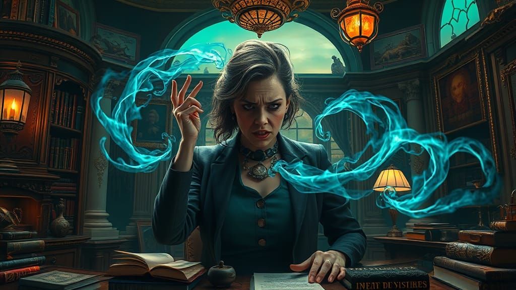 Mystical Office: Disgruntled Woman in Steampunk Setting