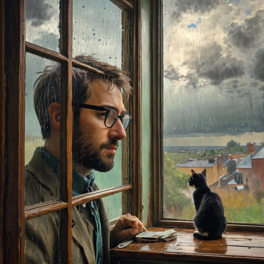 Impressionistic Man Watching Rain with Cats