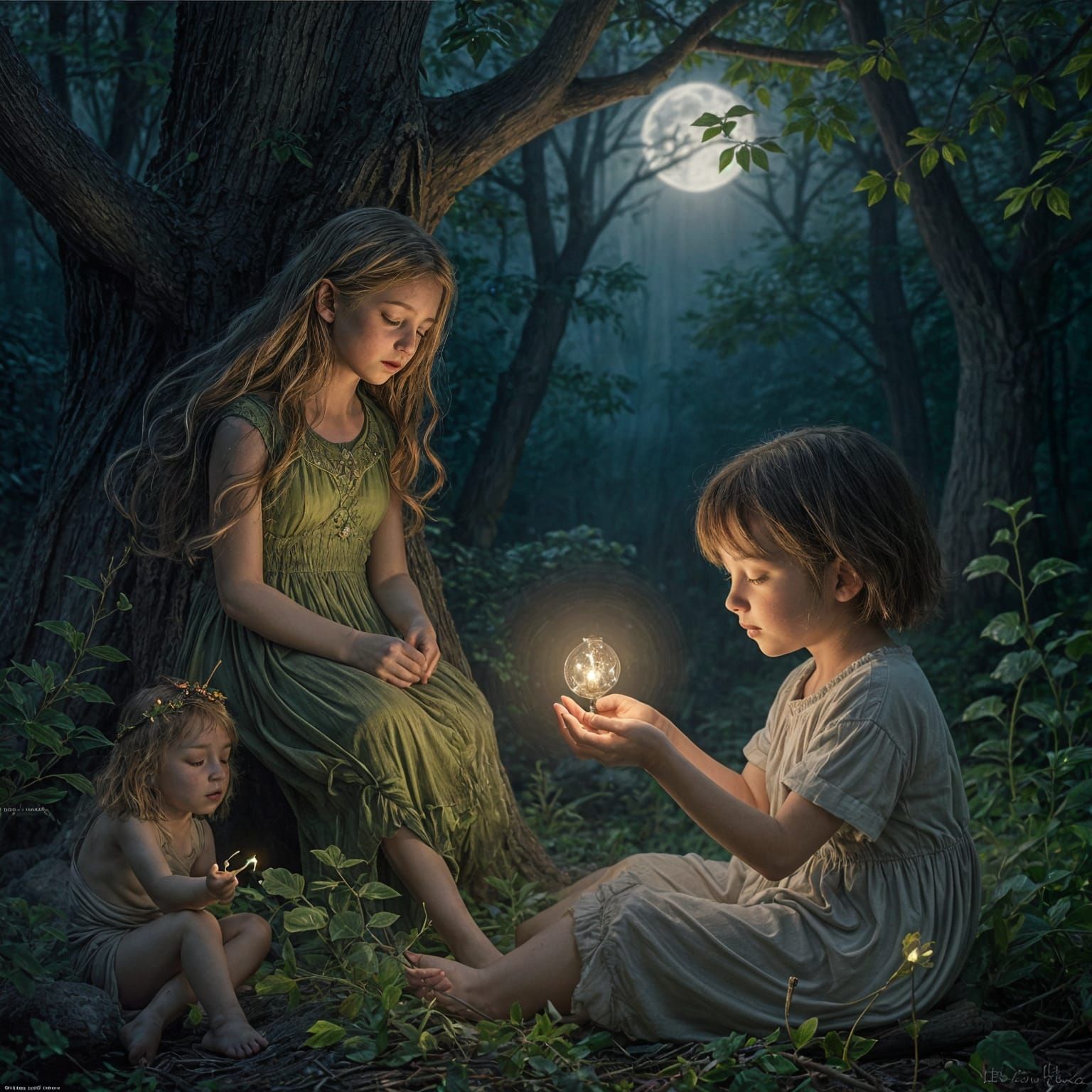 Child Offers Firefly to Ancient Tree Spirit in Moonlit Fores...