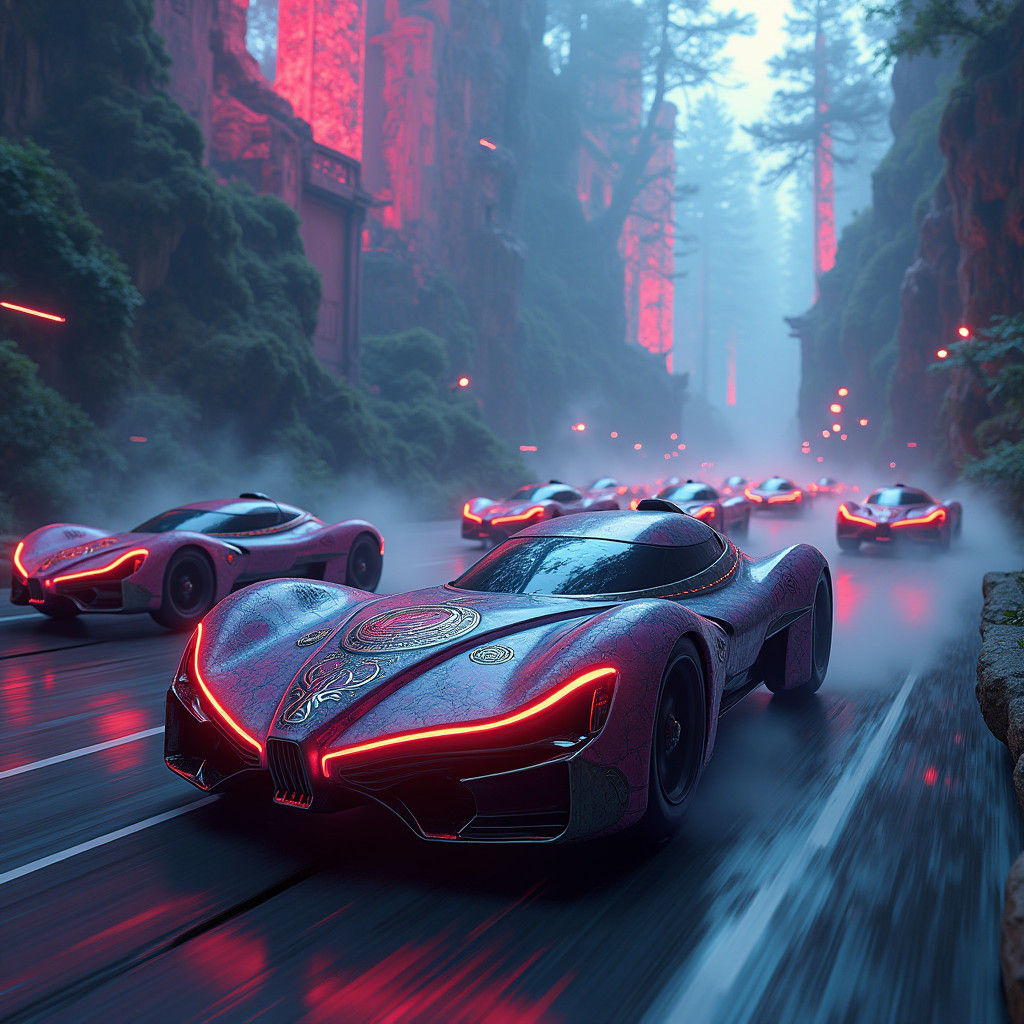 Futuristic Cars Speeding Through a Mystical Landscape