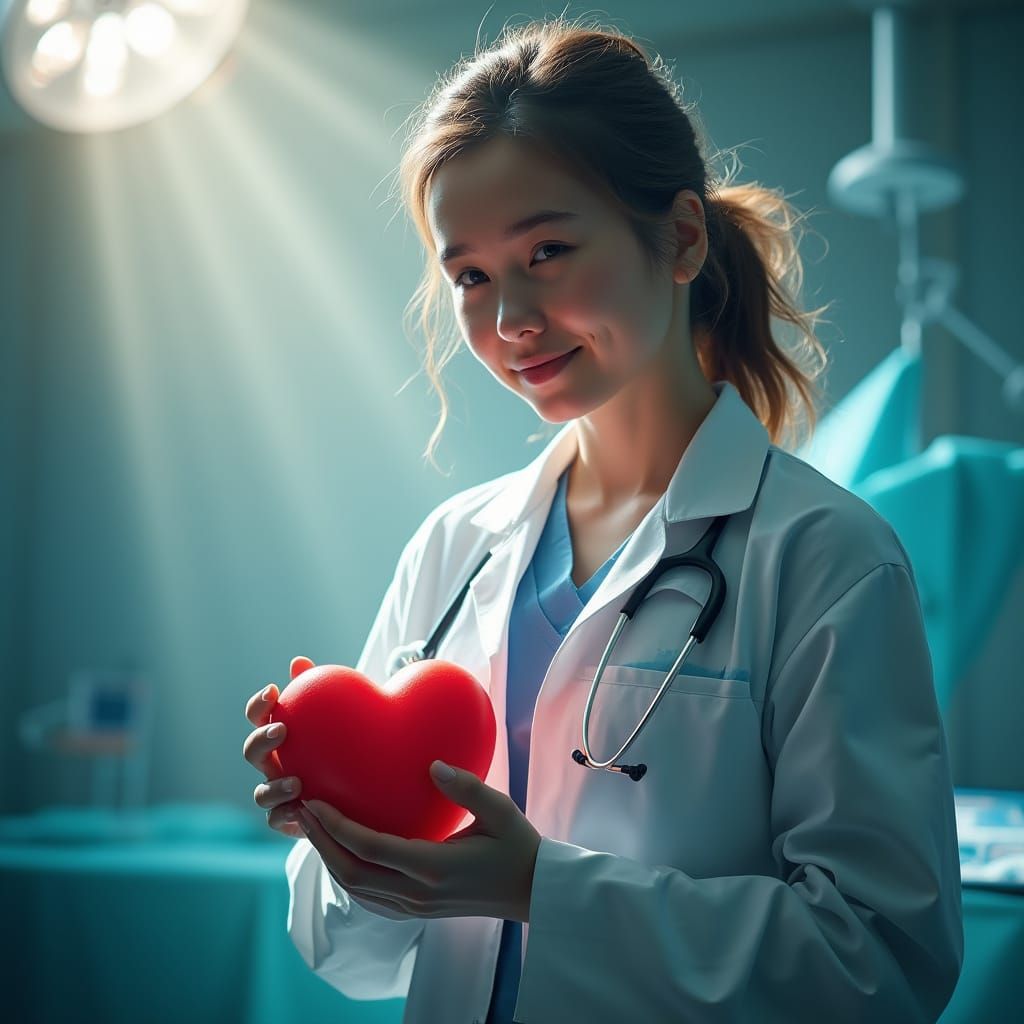 Heart Surgeon Holding Heart in Bright Operating Room