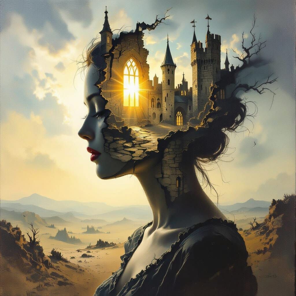 Surreal Woman's Head With Castle Interior In Stormy Landscap...