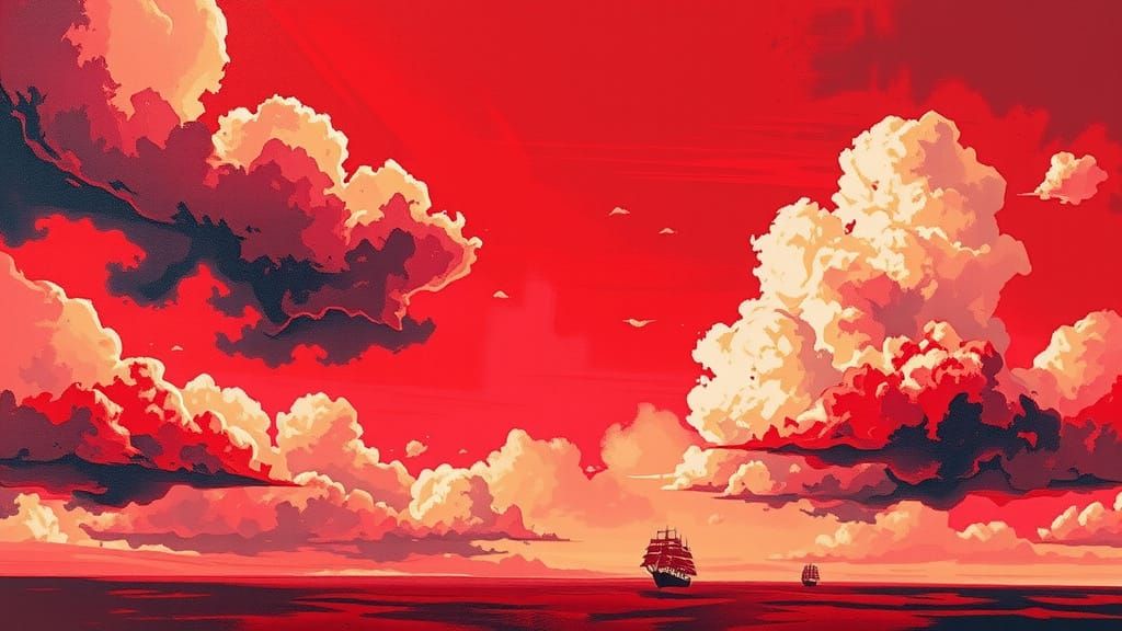 Vibrant Red Sky Graffiti Art with Distant Sailors