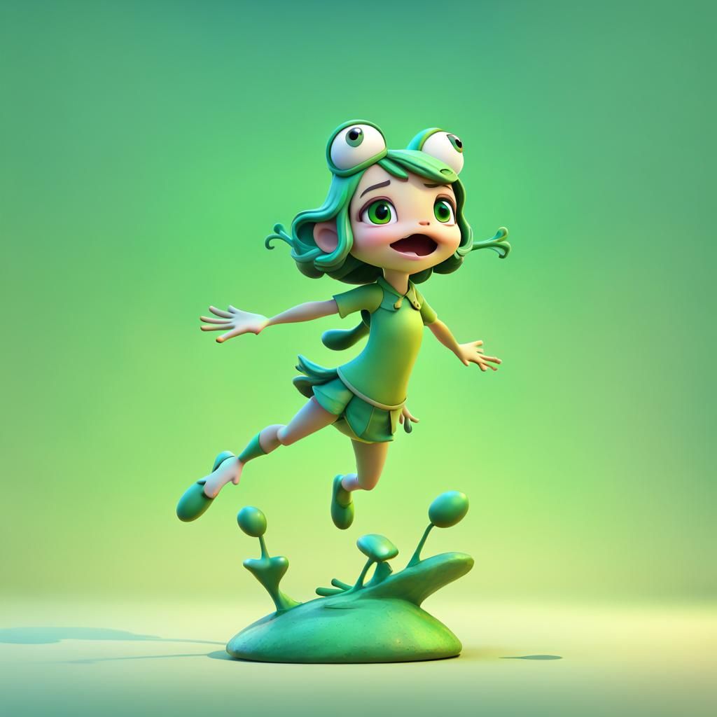 Green Chibi Frog Sculpture Leaps from Girl's Head