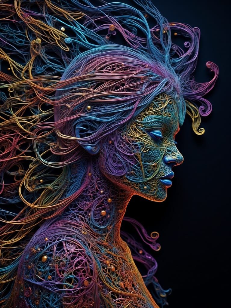 Whimsical String Art of a Woman with Electrical Aura