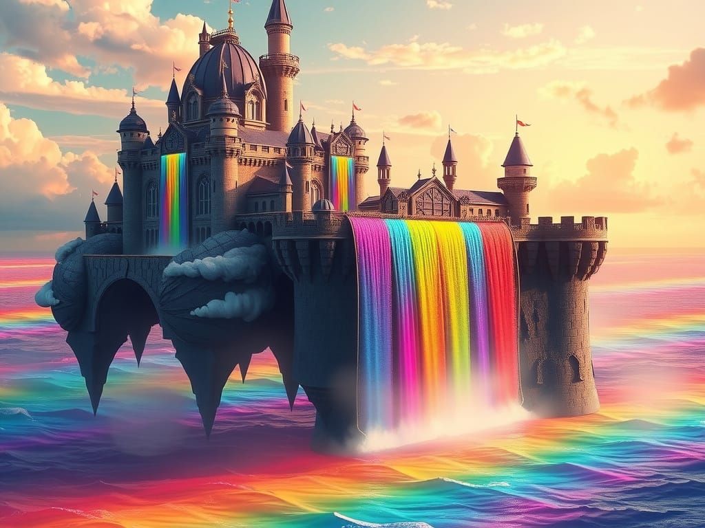 A floating castle in the sky with rainbow waterfalls cascading into a sea. the sea looks like a mix from a rainbow