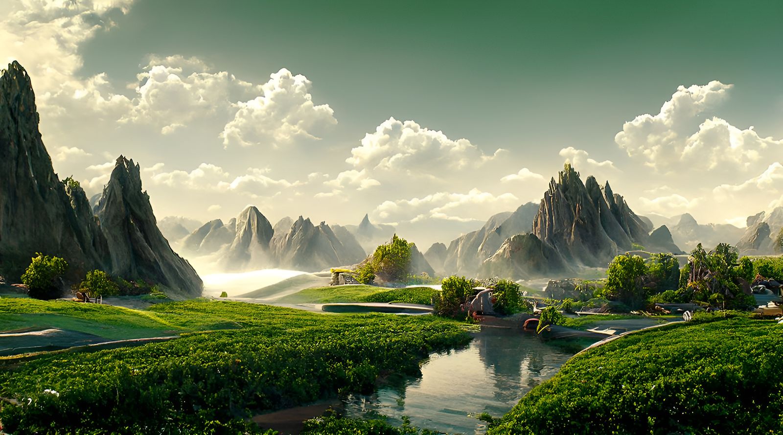 Magical Valley Landscape in Ghibli Style