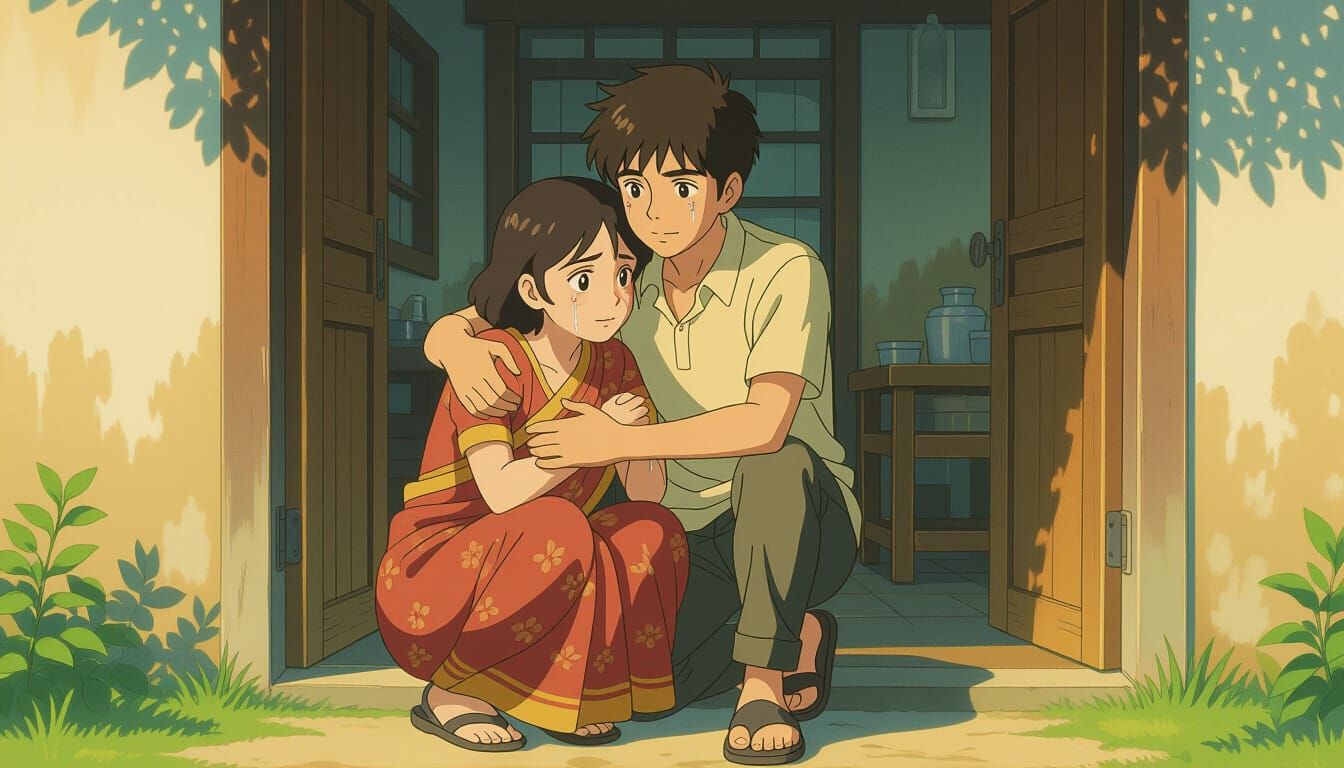 Teenage Boy Hugs Emotional Mother in Cartoonish Illustration