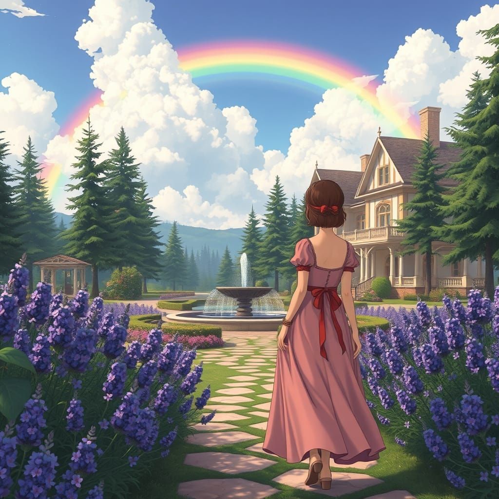 Young Woman Walks Towards Whimsical Villa Under Vibrant Rain...