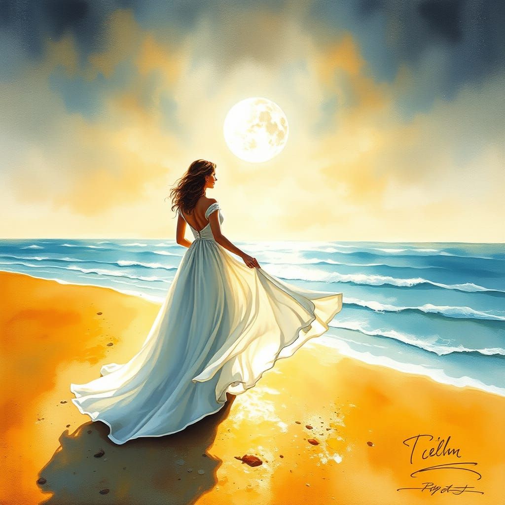 Ethereal Moonlight Beach Scene in Watercolour Style