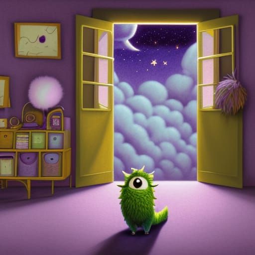 Fluffy Monster in Whimsical Bedroom at Night