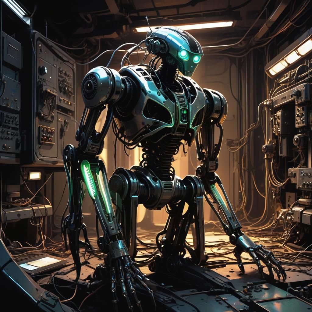 Futuristic Robot in Abandoned Lab, Digital Painting