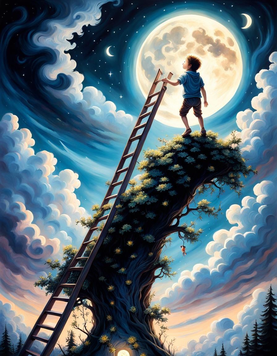 Moonlit Boy Climbing Ladder to the Moon