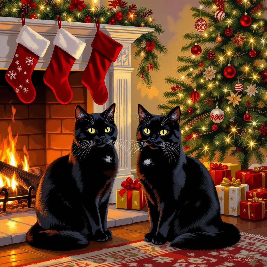 Black Cat by Fireplace on Christmas Eve
