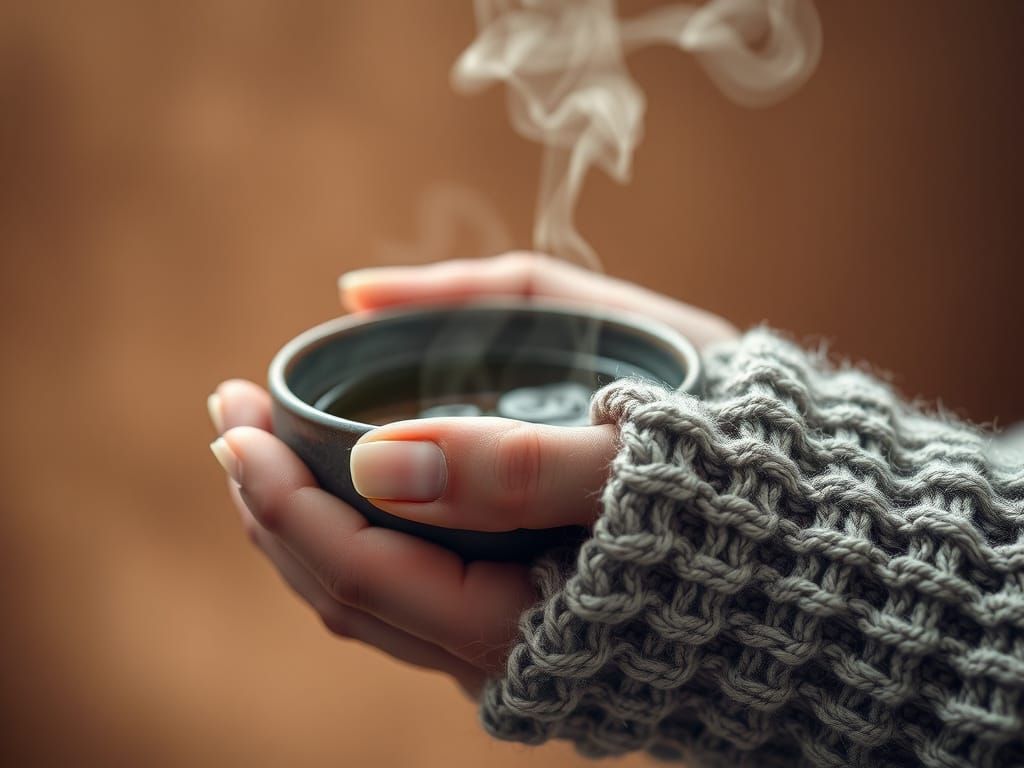 Hand Cradling Rustic Teacup in Wabi-Sabi Style